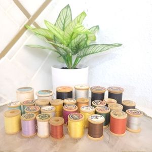Vintage Wooden sewing spools with thread 29 total